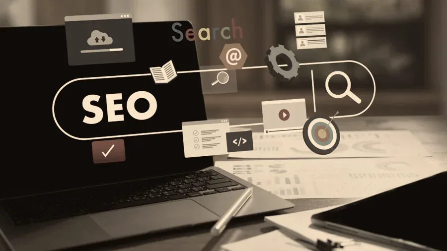 Laptop with SEO search elements on screen