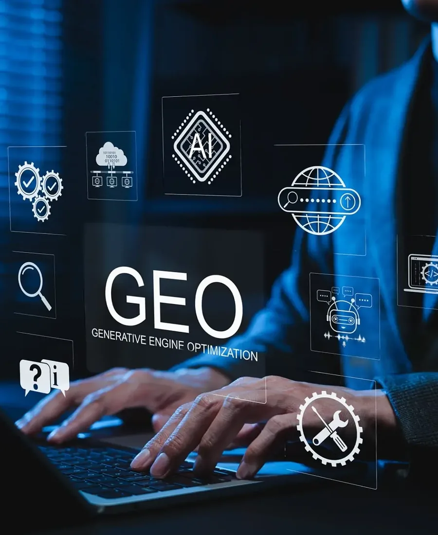 Marketer at a laptop working on generative engine optimization