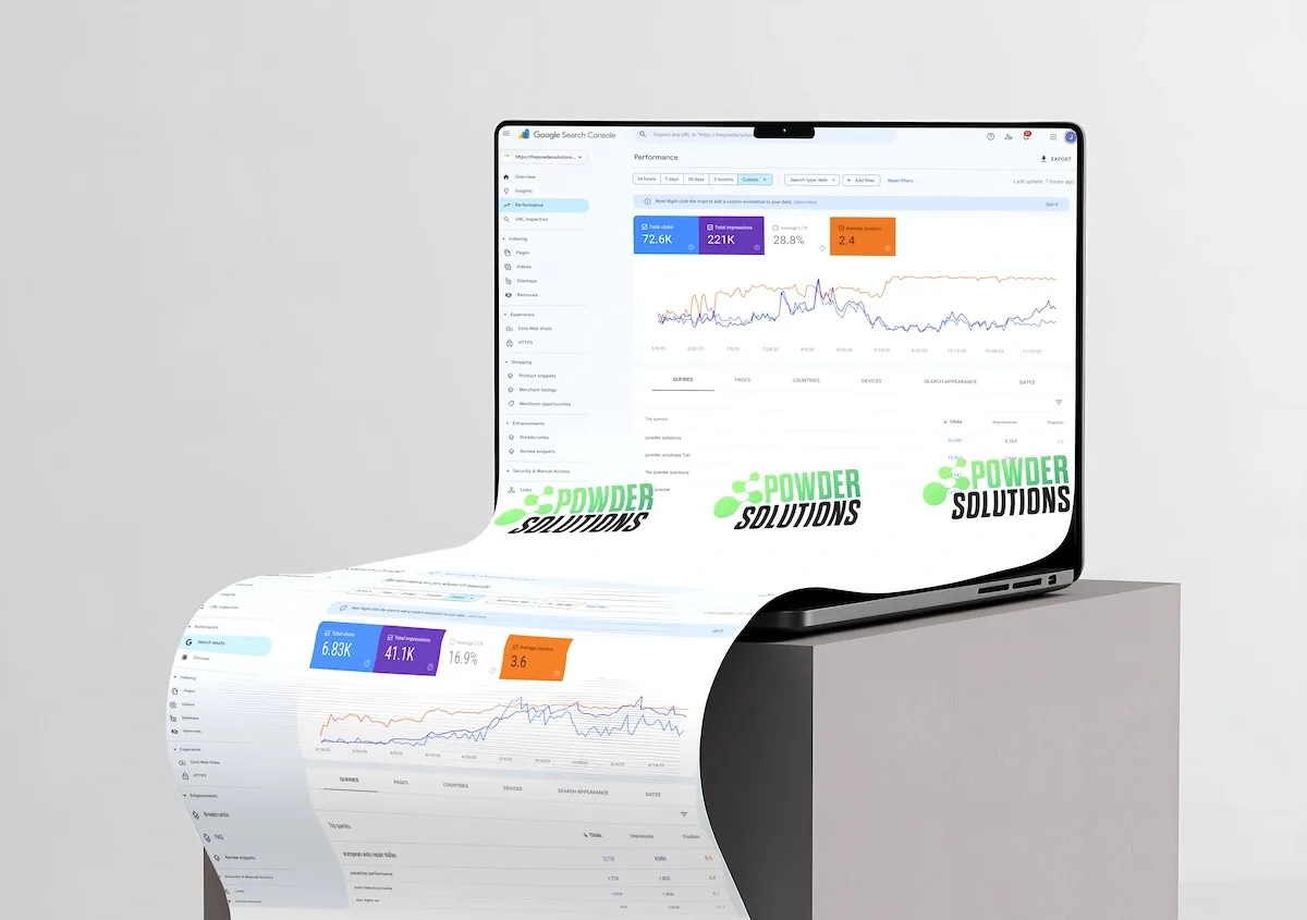 Laptop with an analytics page flowing out of the screen